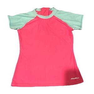 Eddie Bauer Swim Shirt Girls Size L 14/16‎ Green Pink Short Sleeve Mock Neck